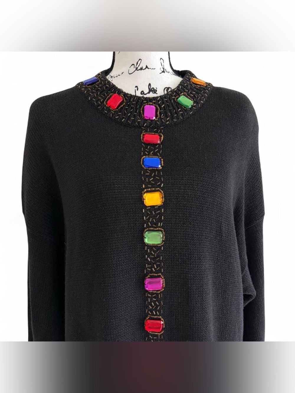 Vintage PA International Beaded Jewel Black Sweater